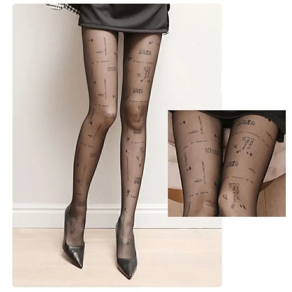 Funny Russian Text Letters Tattoo Printed Black Sheer Nylon Pantyhose Tights NEW